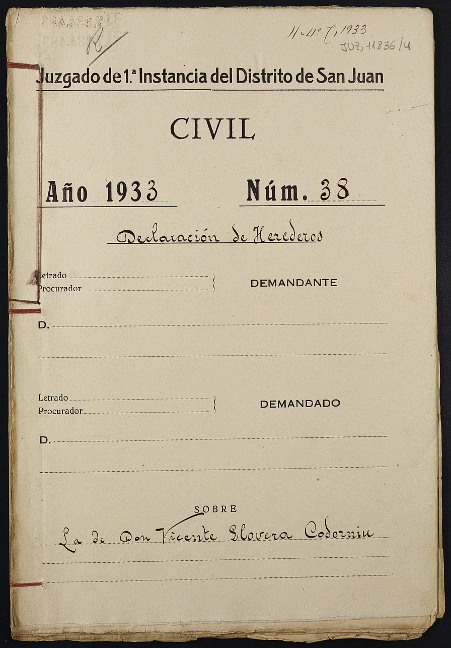 Declaración de herederos 38/1933 del Juzgado de Primera Instancia del Distrito de San Juan de Murcia, por fallecimiento de Vicente Llovera Codorniu.