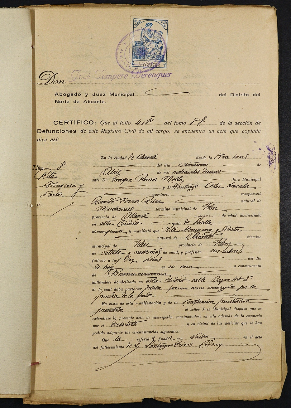 Declaración de herederos 39/1933 del Juzgado de Primera Instancia del Distrito de San Juan de Murcia, por fallecimiento de Julio Trives Torregrosa.