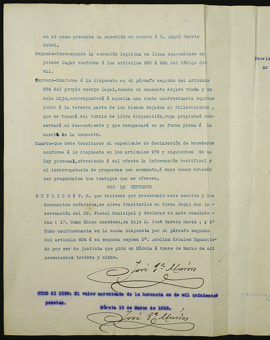 Declaración de herederos 7/1935 del Juzgado de Primera Instancia del Distrito de San Juan de Murcia, por fallecimiento de Ángel García Zuñel.