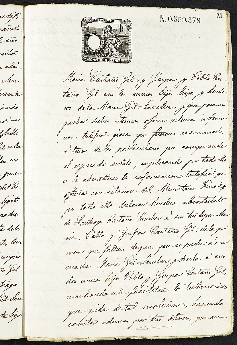 Declaración de herederos s.n./1893 del Juzgado del Distrito de San Juan de Murcia, por defunción de Santiago Castaño Sánchez y María Gil Sánchez.