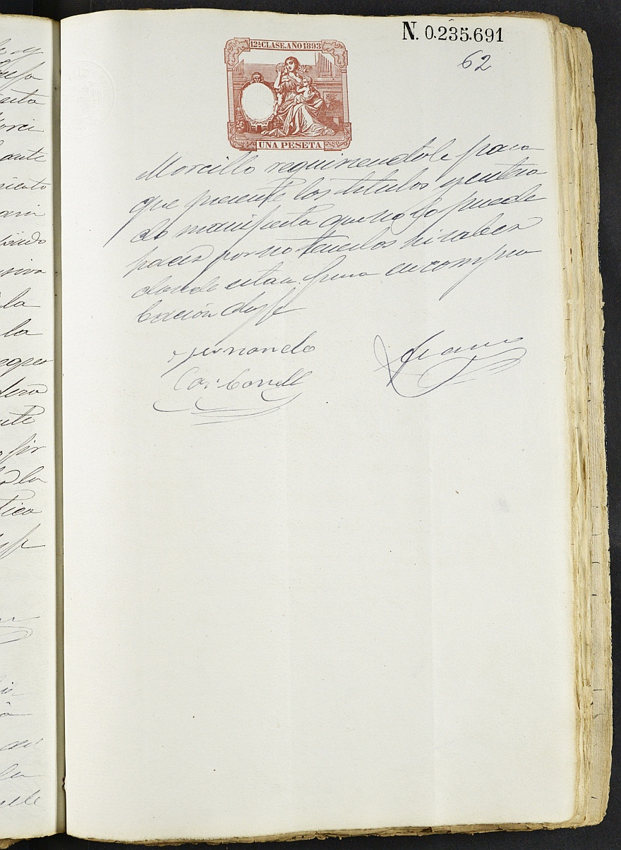 Juicio ejecutivo s.n./1893 del Juzgado del Distrito de San Juan de Murcia, de Diego Gambín López contra Antonio Carbonell y Mariscal.