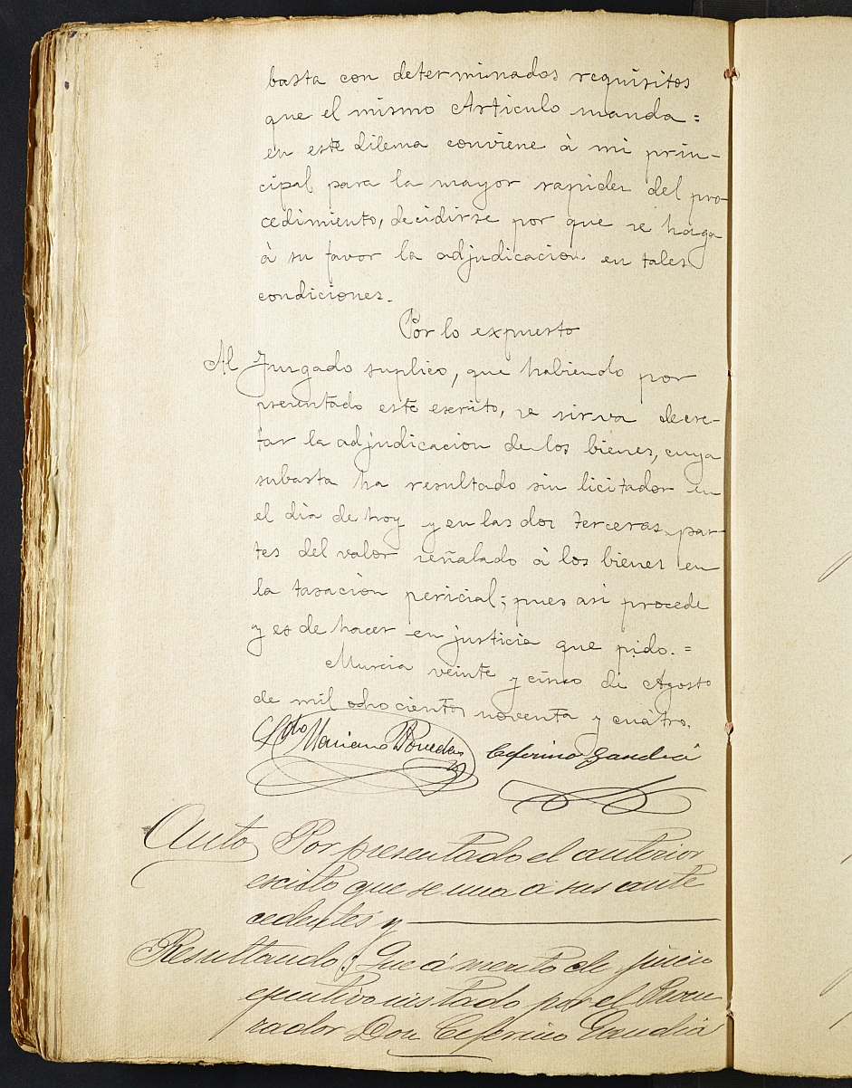 Juicio ejecutivo s.n./1893 del Juzgado del Distrito de San Juan de Murcia, de Diego Gambín López contra Antonio Carbonell y Mariscal.