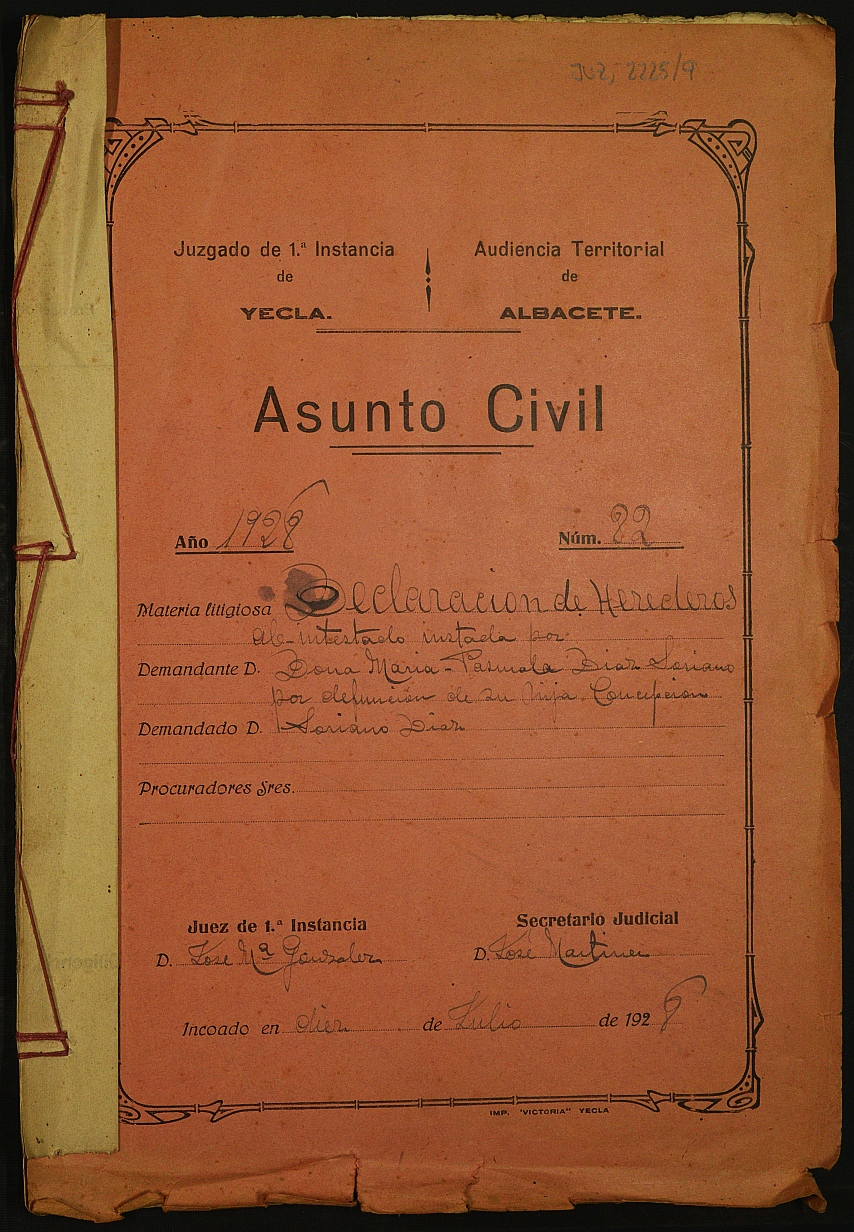 Declaración de herederos 82/1928 del Juzgado de Primera Instancia e Instrucción Nº 1 de Yecla, por defunción de Concepción Soriano Díaz.