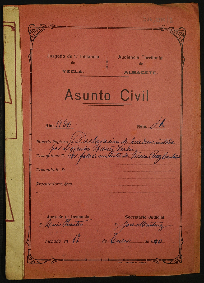 Declaración de herederos 4/1930 del Juzgado de Primera Instancia e Instrucción Nº 1 de Yecla, por defunción de Teresa Pérez Castaño.