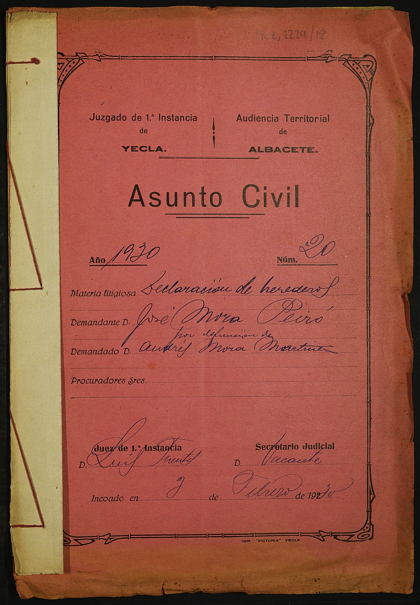 Declaración de herederos 20/1930 del Juzgado de Primera Instancia e Instrucción Nº 1 de Yecla, por defunción de Andrés Mora Martínez.