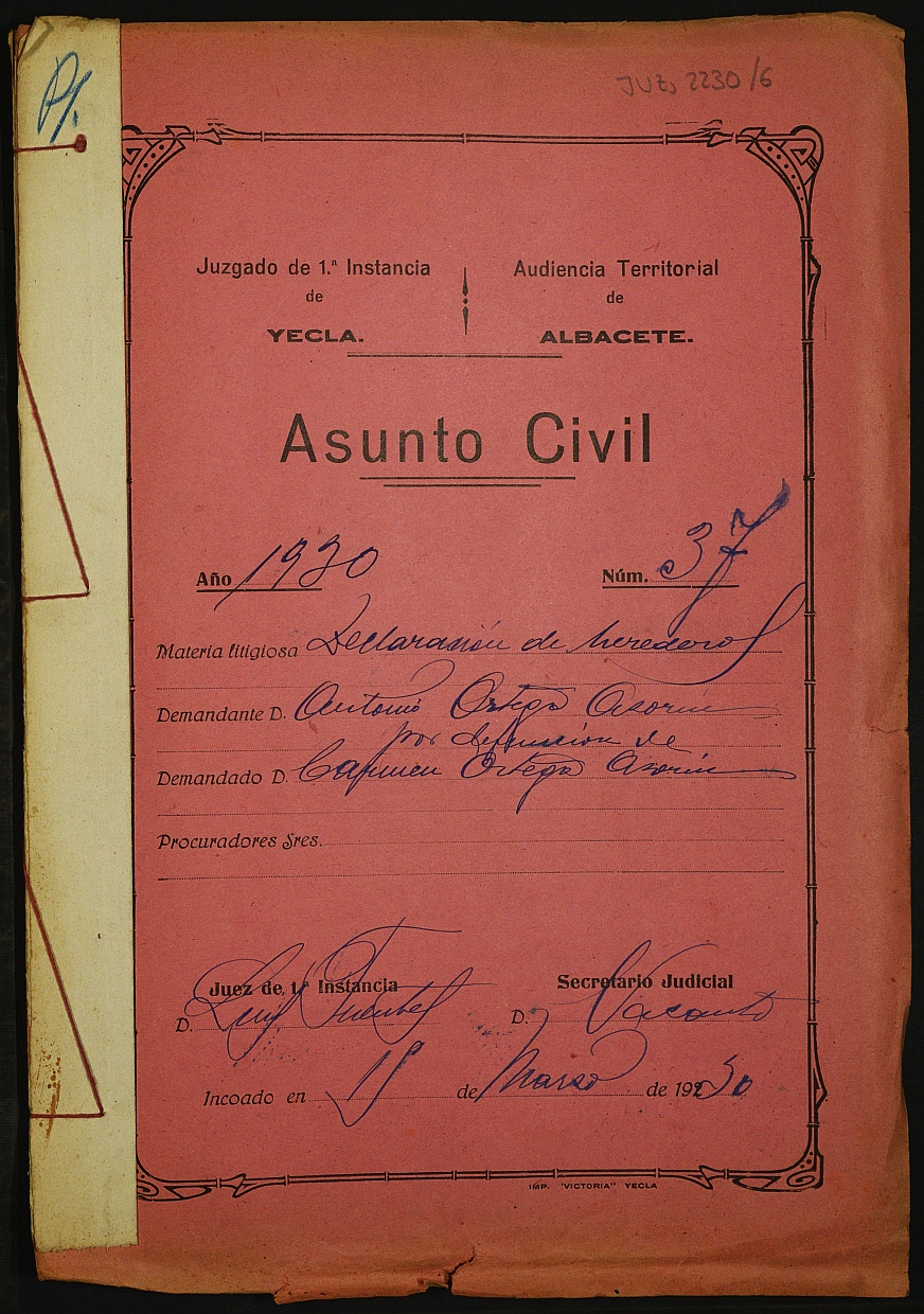 Declaración de herederos 37/1930 del Juzgado de Primera Instancia e Instrucción Nº 1 de Yecla, por defunción de Carmen Ortega Azorín.