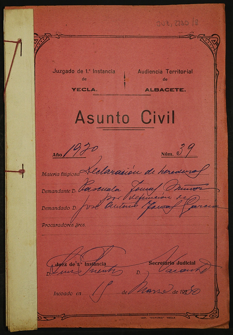 Declaración de herederos 39/1930 del Juzgado de Primera Instancia e Instrucción Nº 1 de Yecla, por defunción de José Antonio Tomás García.
