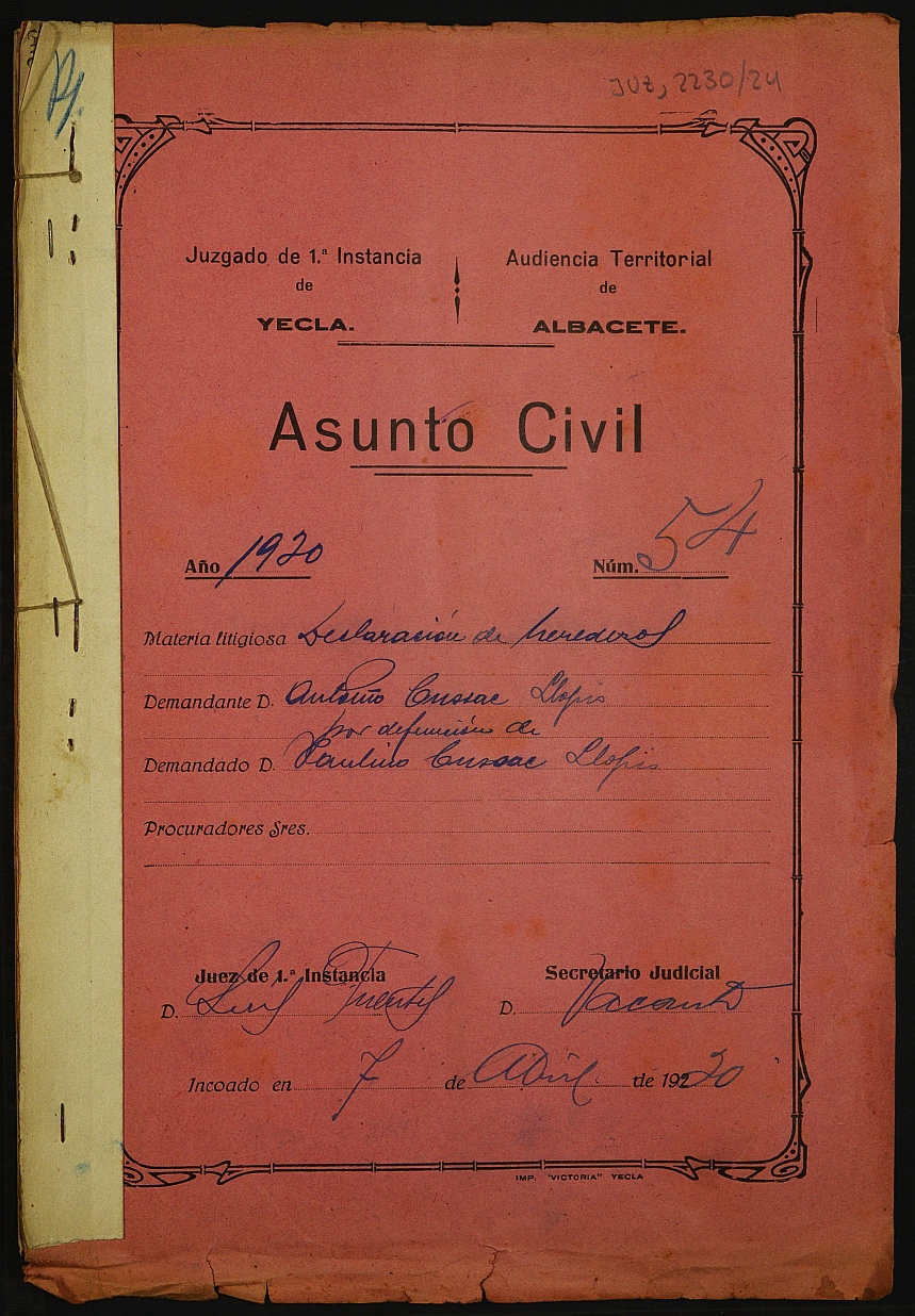 Declaración de herederos 54/1930 del Juzgado de Primera Instancia e Instrucción Nº 1 de Yecla, por defunción de Paulino Cusac Llopis.
