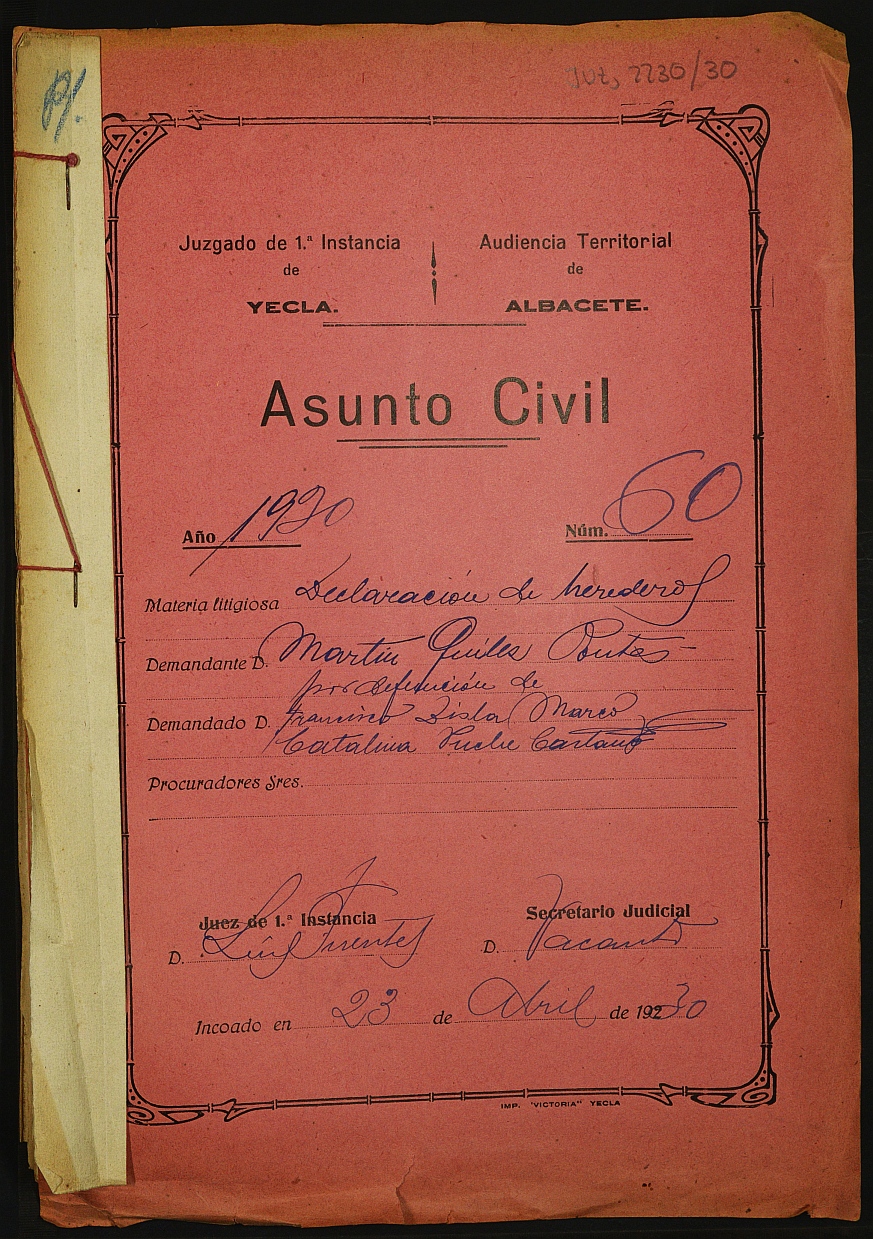 Declaración de herederos 60/1930 del Juzgado de Primera Instancia e Instrucción Nº 1 de Yecla, por defunción de Francisco Disla Marco y Catalina Puche Castaño.