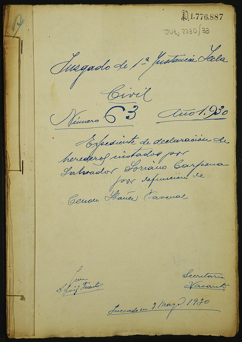 Declaración de herederos 63/1930 del Juzgado de Primera Instancia e Instrucción Nº 1 de Yecla, por defunción de Zenón Ibáñez Pascual.
