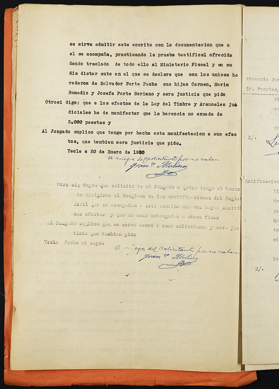 Declaración de herederos 79/1930 del Juzgado de Primera Instancia e Instrucción Nº 1 de Yecla, por defunción de Salvador Forte Puche.