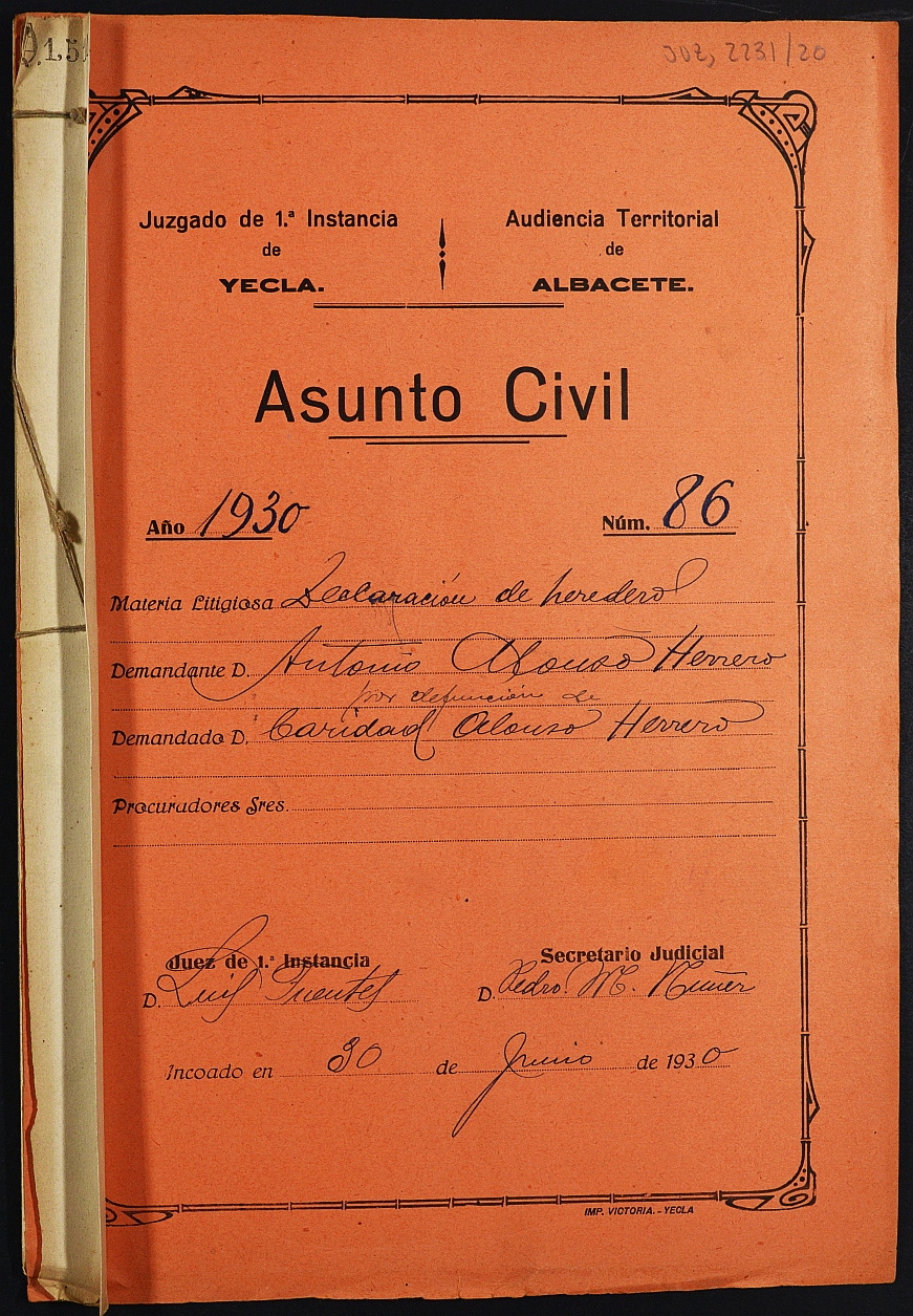 Declaración de herederos 86/1930 del Juzgado de Primera Instancia e Instrucción Nº 1 de Yecla, por defunción de Caridad Alonso Herrero.