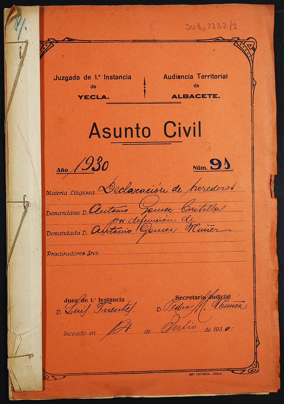 Declaración de herederos 91/1930 del Juzgado de Primera Instancia e Instrucción Nº 1 de Yecla, por defunción de Antonio Gómez Núñez.