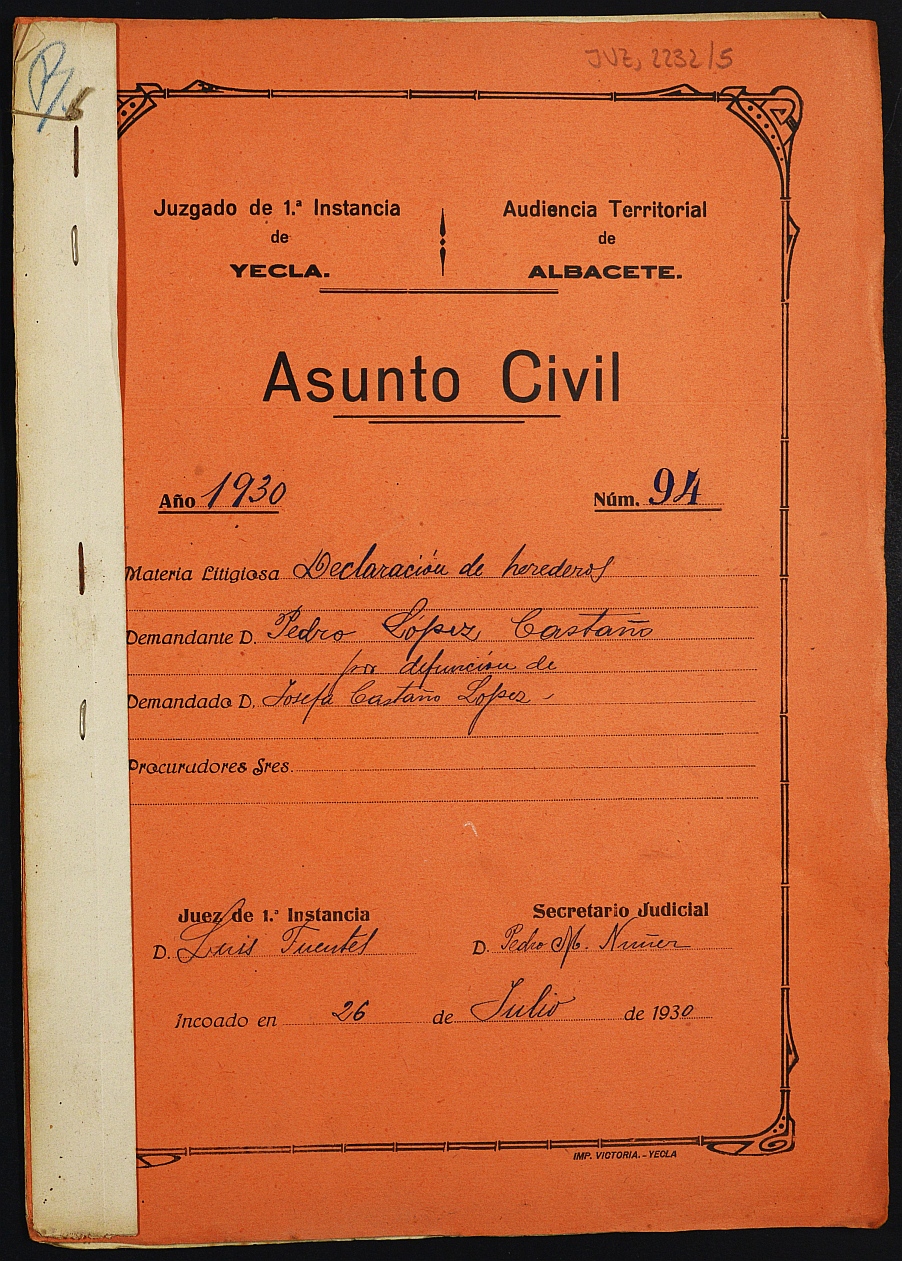 Declaración de herederos 94/1930 del Juzgado de Primera Instancia e Instrucción Nº 1 de Yecla, por defunción de Josefa Castaño López.