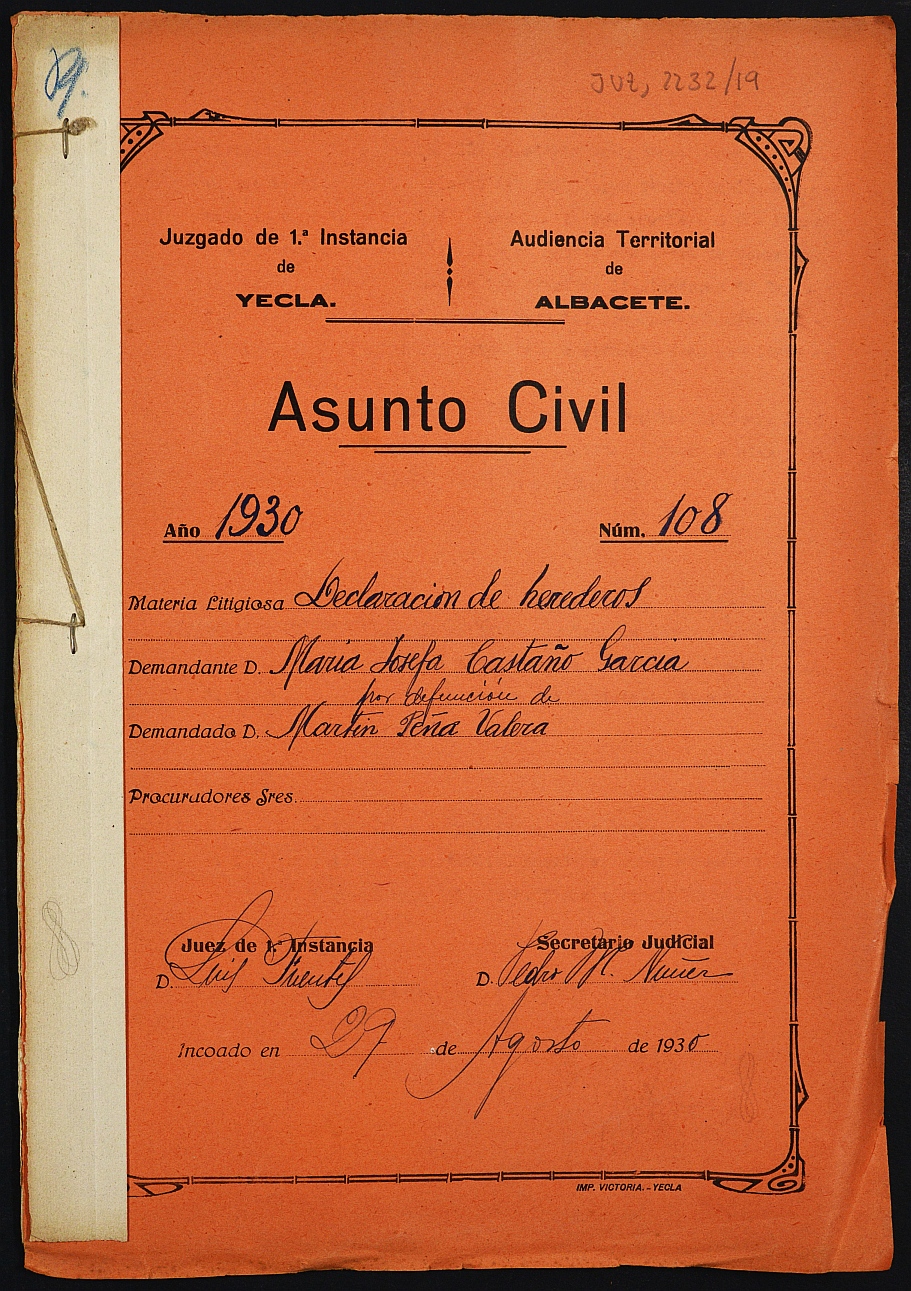 Declaración de herederos 108/1930 del Juzgado de Primera Instancia e Instrucción Nº 1 de Yecla, por defunción de Martín Peña Valera.