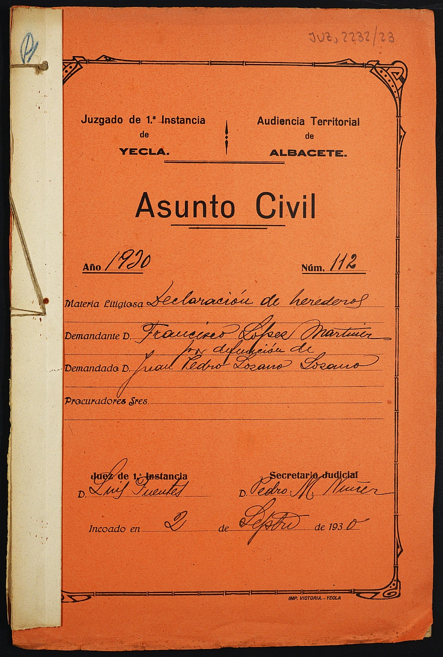 Declaración de herederos 112/1930 del Juzgado de Primera Instancia e Instrucción Nº 1 de Yecla, por defunción de Juan Pedro Lozano Lozano.