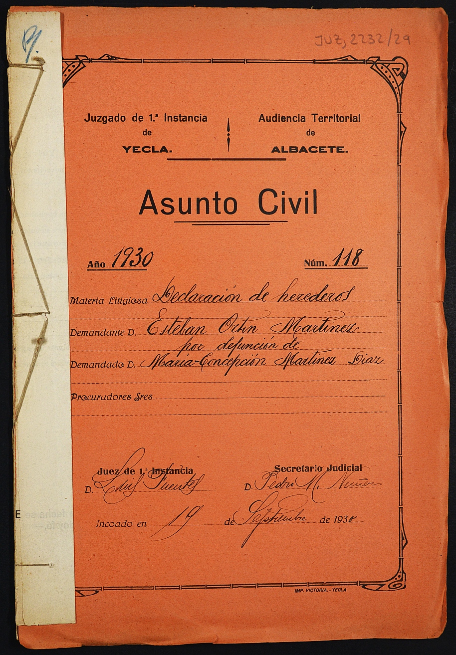 Declaración de herederos 118/1930 del Juzgado de Primera Instancia e Instrucción Nº 1 de Yecla, por defunción de María Concepción Martínez Díaz.