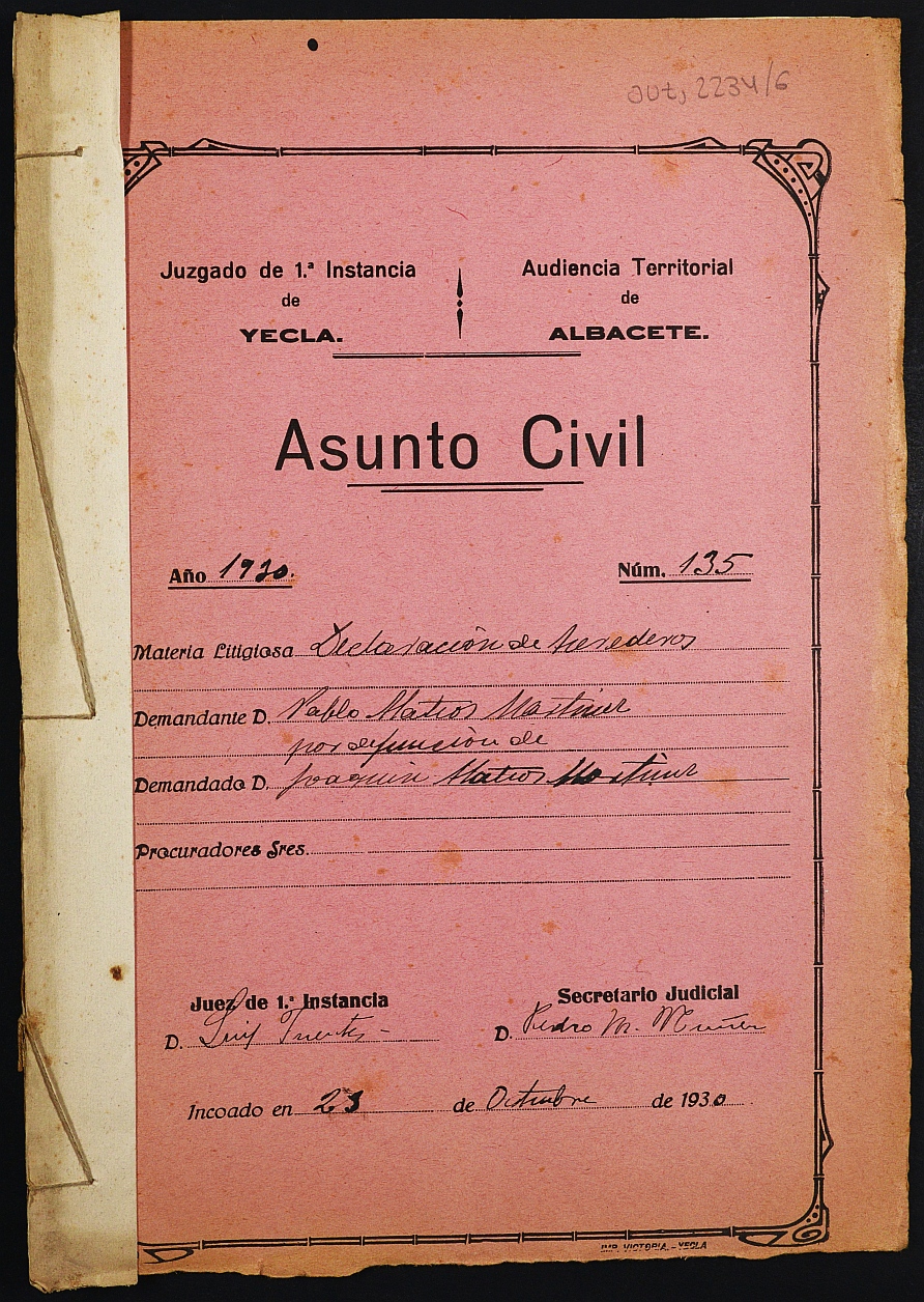 Declaración de herederos 135/1930 del Juzgado de Primera Instancia e Instrucción Nº 1 de Yecla, por defunción de Joaquín Mateos Martínez.