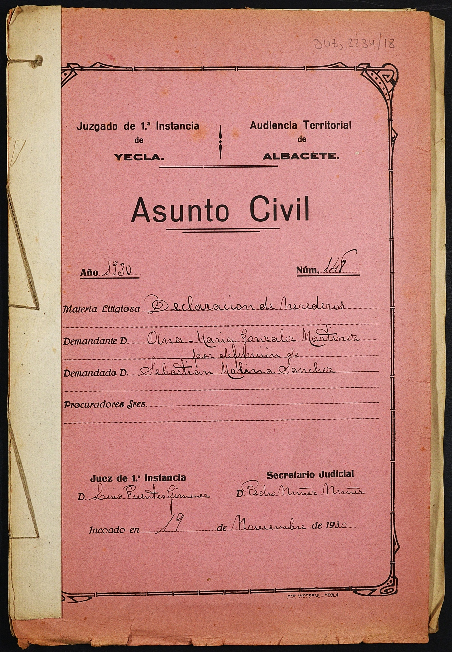 Declaración de herederos 148/1930 del Juzgado de Primera Instancia e Instrucción Nº 1 de Yecla, por defunción de Sebastián Molina Sánchez.