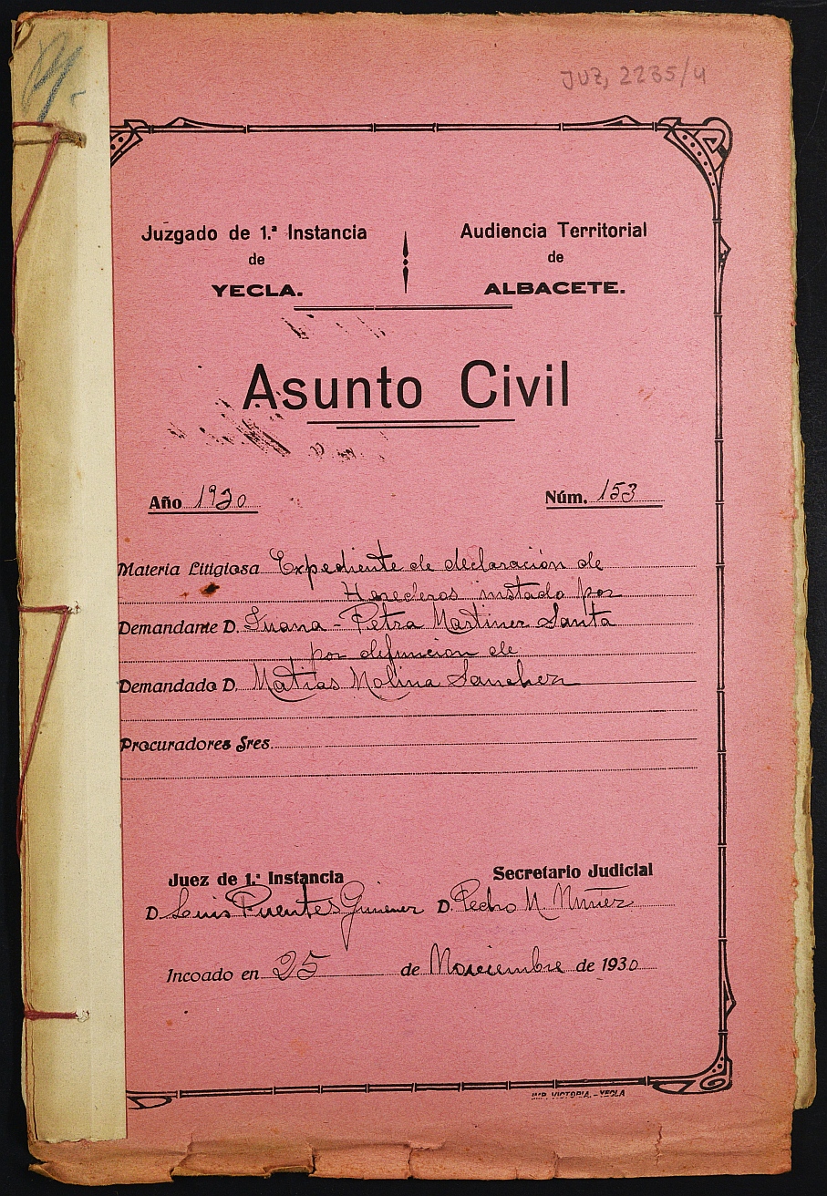 Declaración de herederos 153/1930 del Juzgado de Primera Instancia e Instrucción Nº 1 de Yecla, por defunción de Matías Molina Sánchez.
