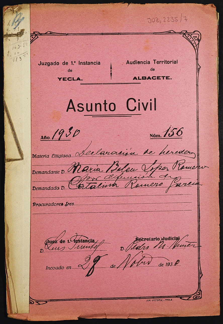 Declaración de herederos 156/1930 del Juzgado de Primera Instancia e Instrucción Nº 1 de Yecla, por defunción de Catalina Romero García.