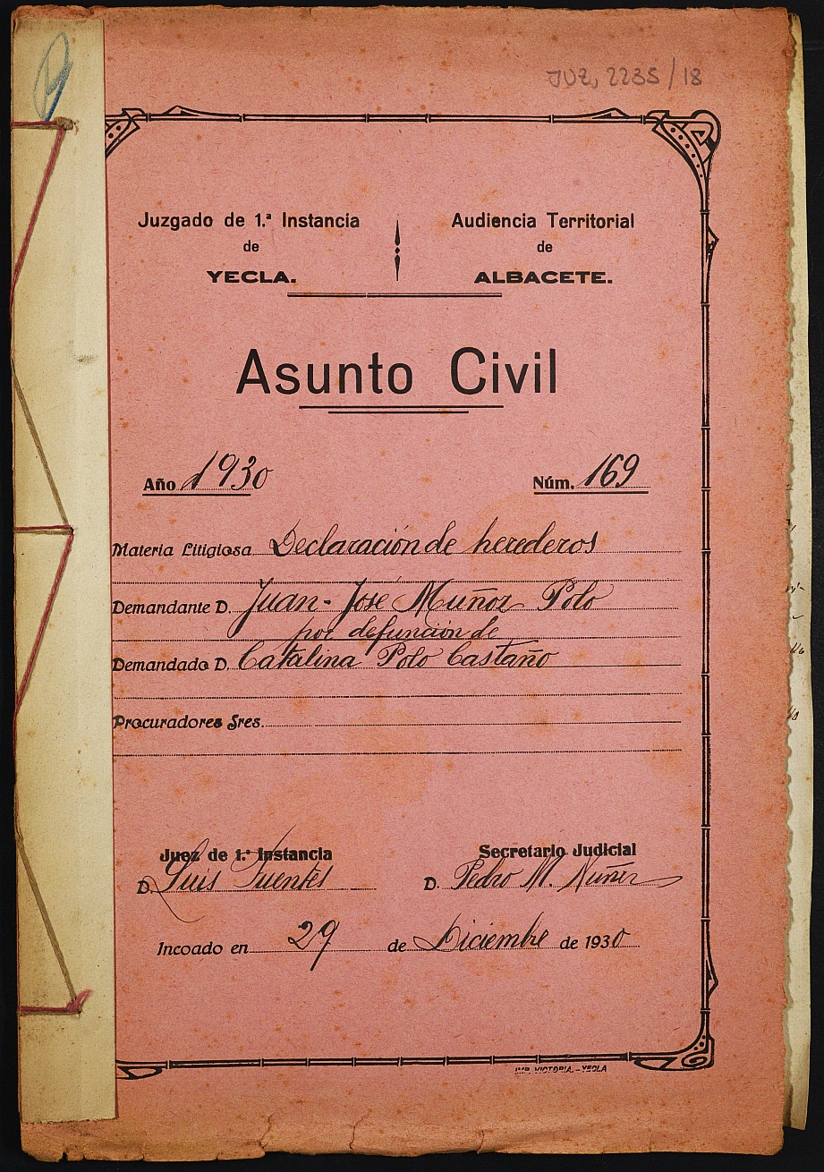 Declaración de herederos 169/1930 del Juzgado de Primera Instancia e Instrucción Nº 1 de Yecla, por defunción de Catalina Polo Castaño.