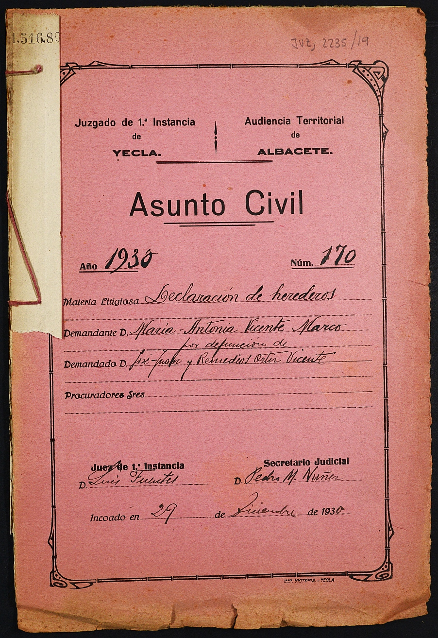 Declaración de herederos 170/1930 del Juzgado de Primera Instancia e Instrucción Nº 1 de Yecla, por defunción de José Juan y Remedios Ortiz Vicente.