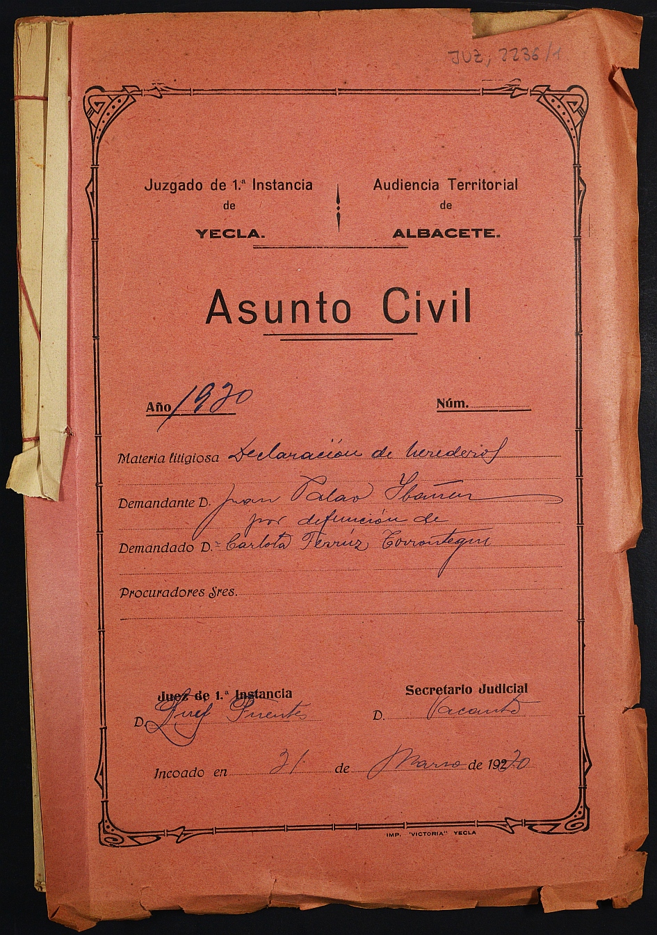 Declaración de herederos s.n./1930 del Juzgado de Primera Instancia e Instrucción Nº 1 de Yecla, por defunción de Carlota Ferruz Torrontegui.