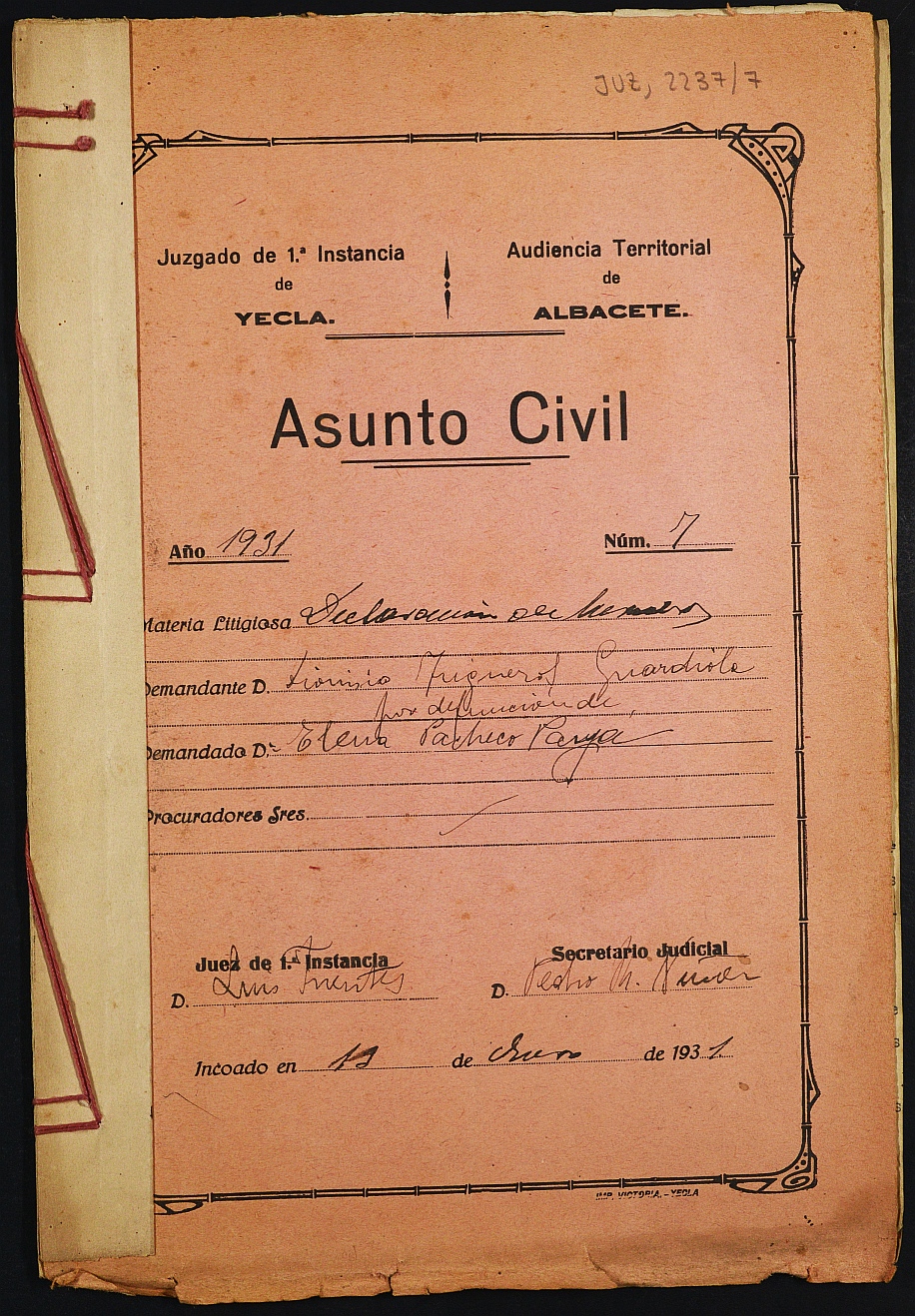 Declaración de herederos 7/1931 del Juzgado de Primera Instancia e Instrucción Nº 1 de Yecla, por defunción de Elena Pacheco Payá.