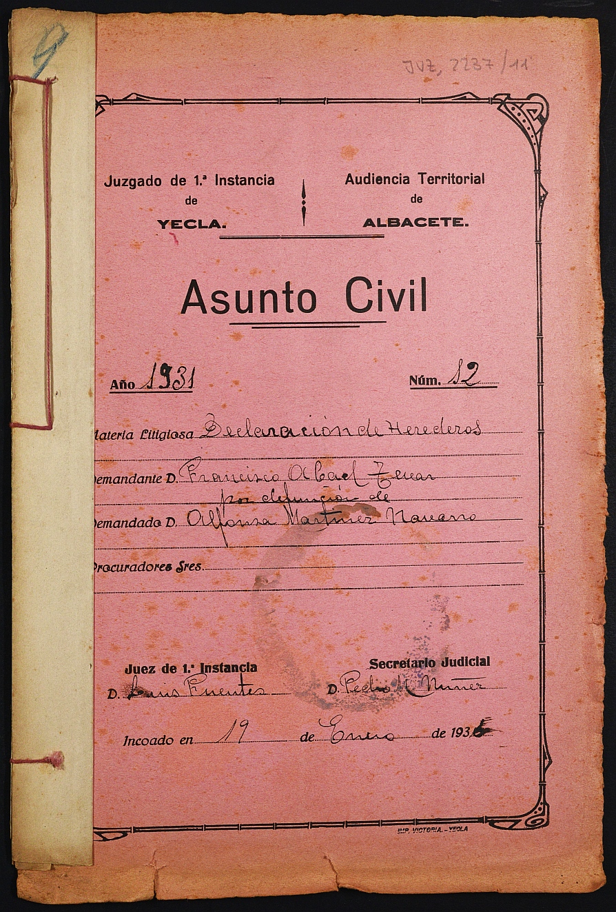 Declaración de herederos 12/1931 del Juzgado de Primera Instancia e Instrucción Nº 1 de Yecla, por defunción de Alfonsa Martínez Navarro.