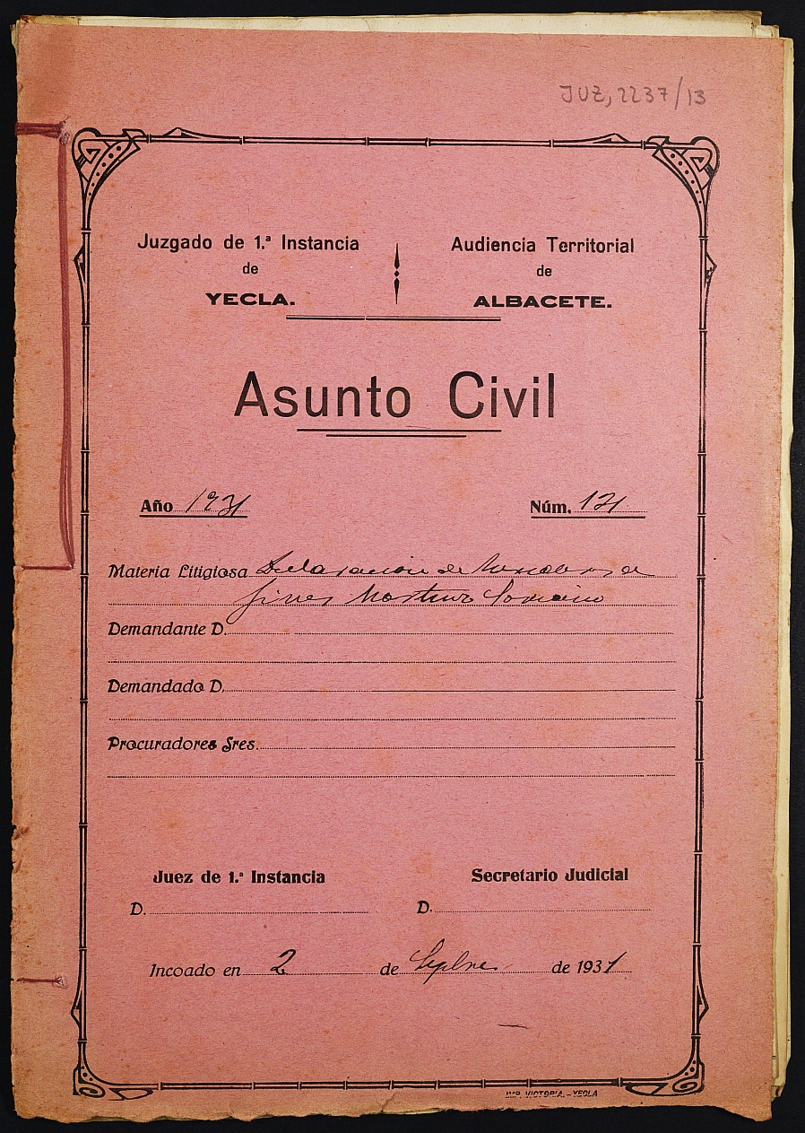 Declaración de herederos 131/1931 del Juzgado de Primera Instancia e Instrucción Nº 1 de Yecla, por defunción de Ginés Martínez Soriano.