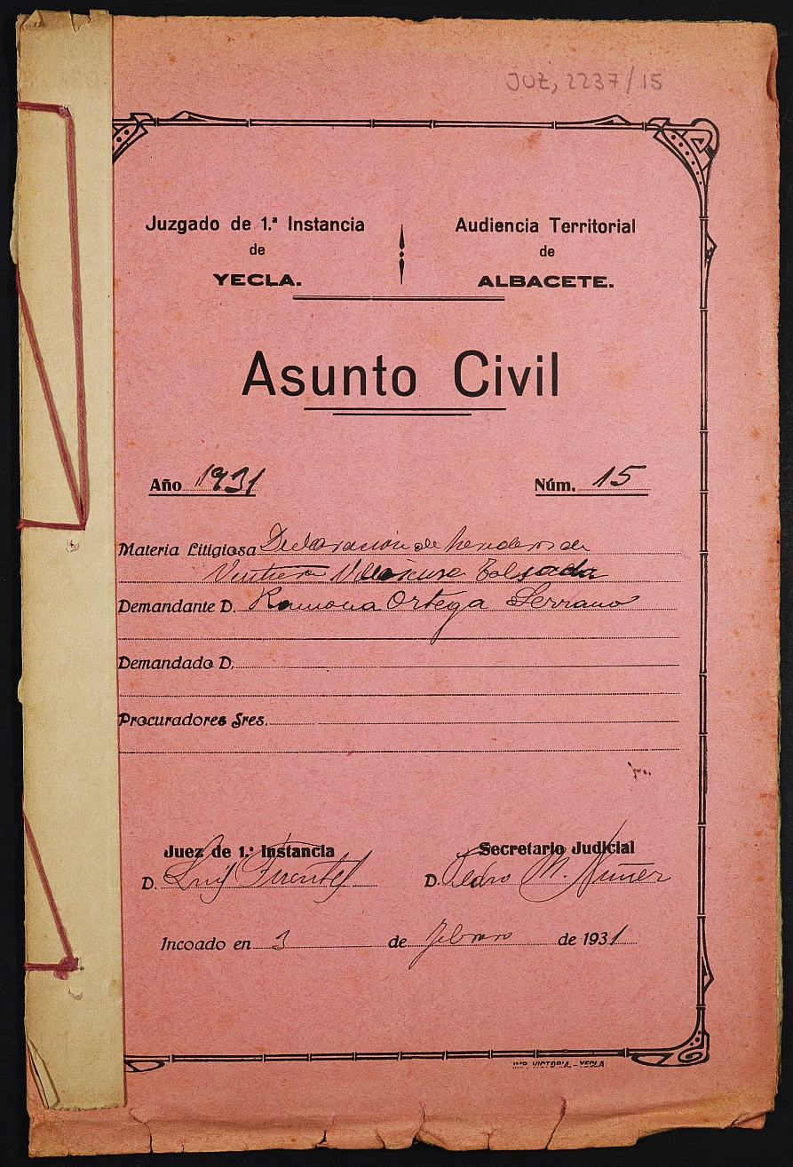 Declaración de herederos 15/1931 del Juzgado de Primera Instancia e Instrucción Nº 1 de Yecla, por defunción de Ramona Ortega Serrano.