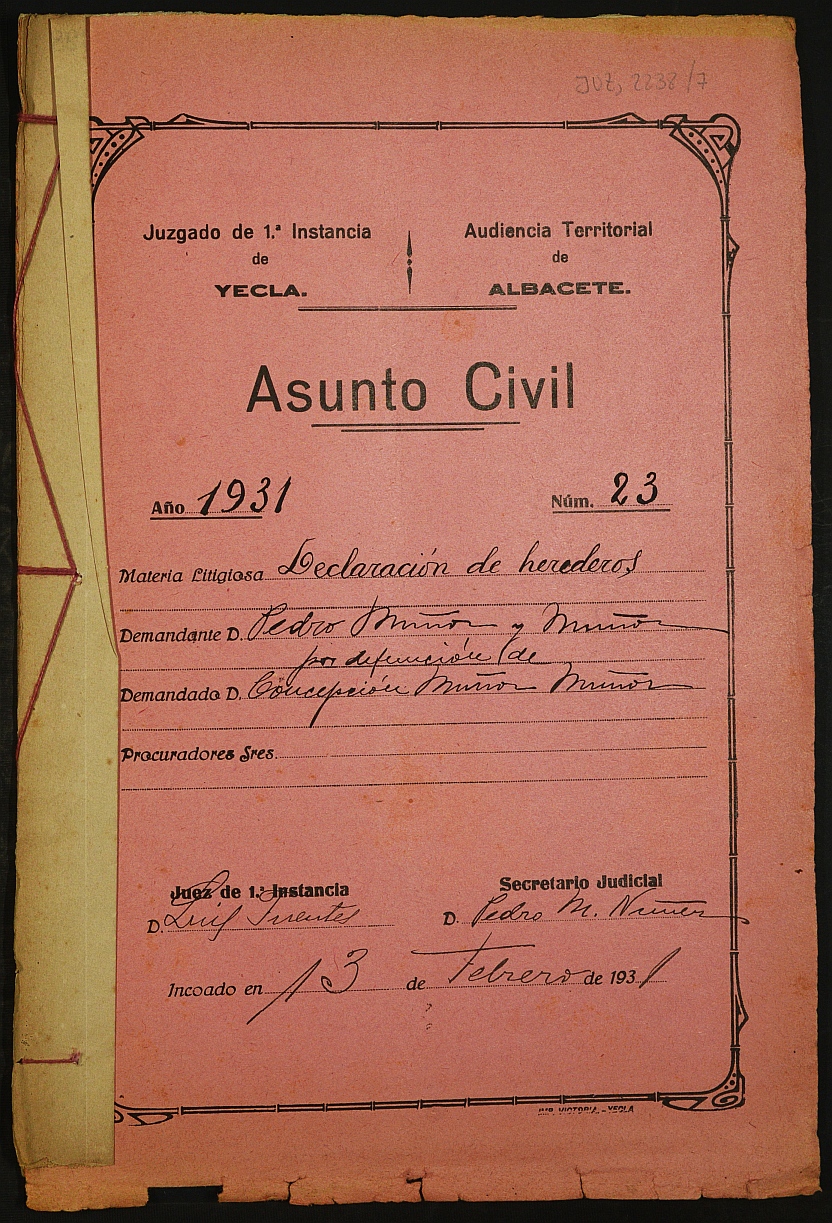 Declaración de herederos 23/1931 del Juzgado de Primera Instancia e Instrucción Nº 1 de Yecla, por defunción de Concepción Muñoz Muñoz.