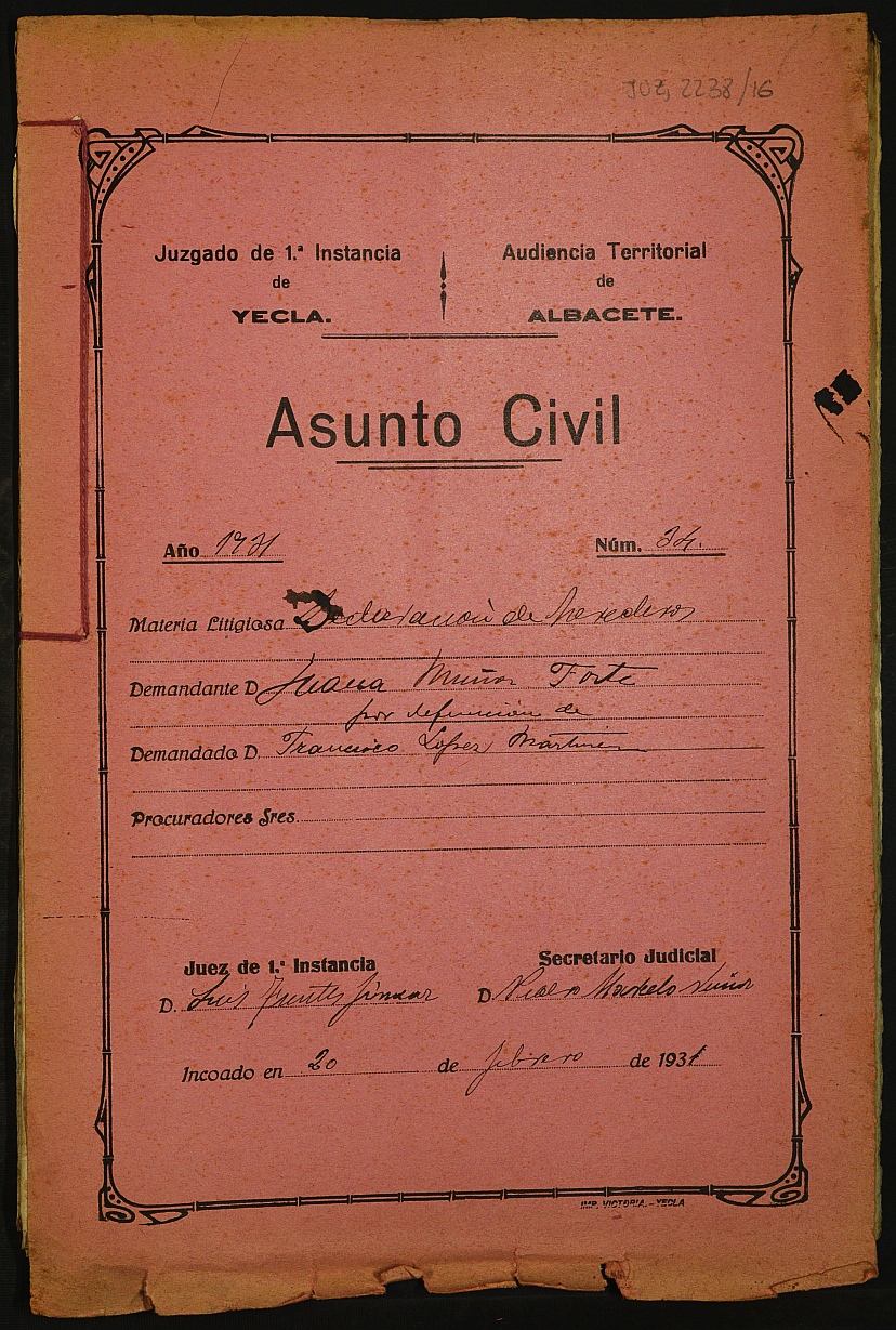 Declaración de herederos 34/1931 del Juzgado de Primera Instancia e Instrucción Nº 1 de Yecla, por defunción de Francisco López Martínez.