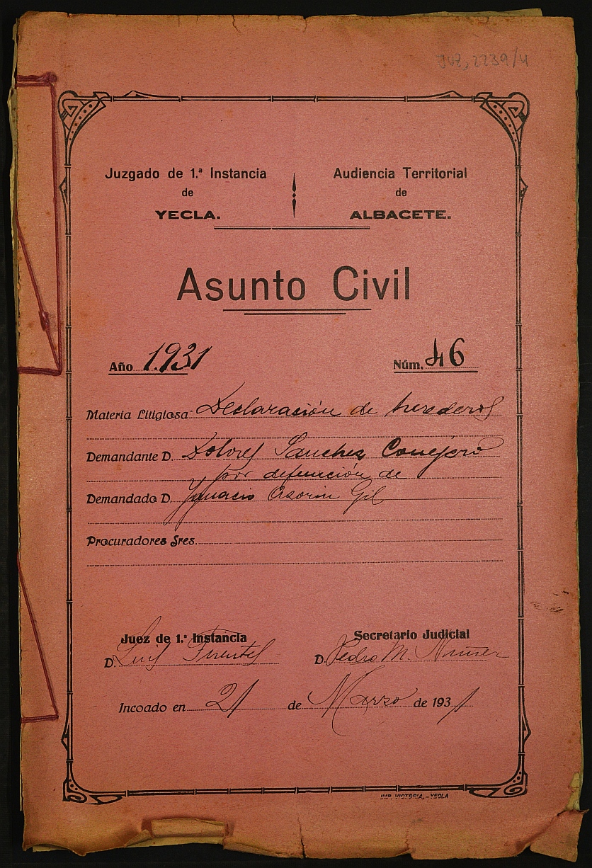 Declaración de herederos 46/1931 del Juzgado de Primera Instancia e Instrucción Nº 1 de Yecla, por defunción de Ignacio Azorín Gil.