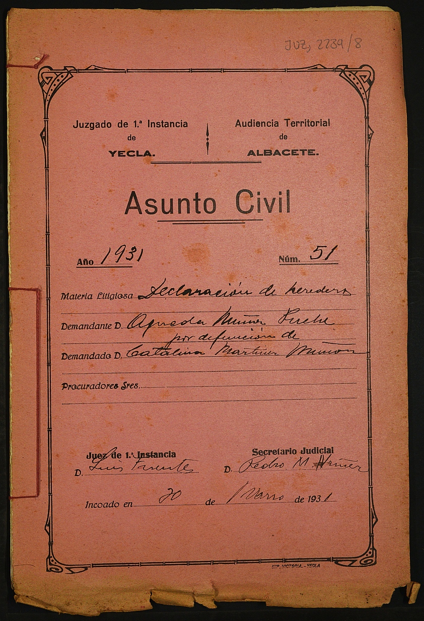 Declaración de herederos 51/1931 del Juzgado de Primera Instancia e Instrucción Nº 1 de Yecla, por defunción de Catalina Martínez Muñoz.