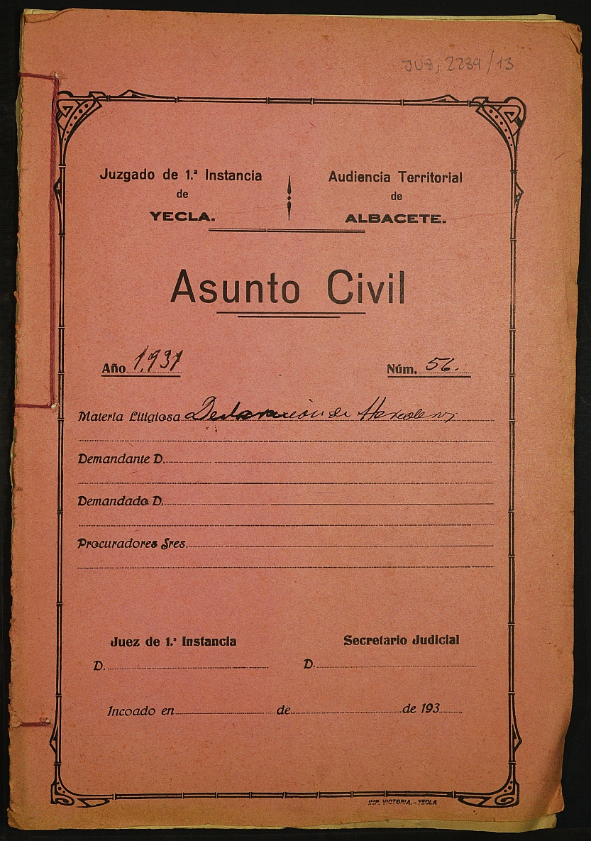 Declaración de herederos 56/1931 del Juzgado de Primera Instancia e Instrucción Nº 1 de Yecla, por defunción de Josefa Tomás Jiménez.
