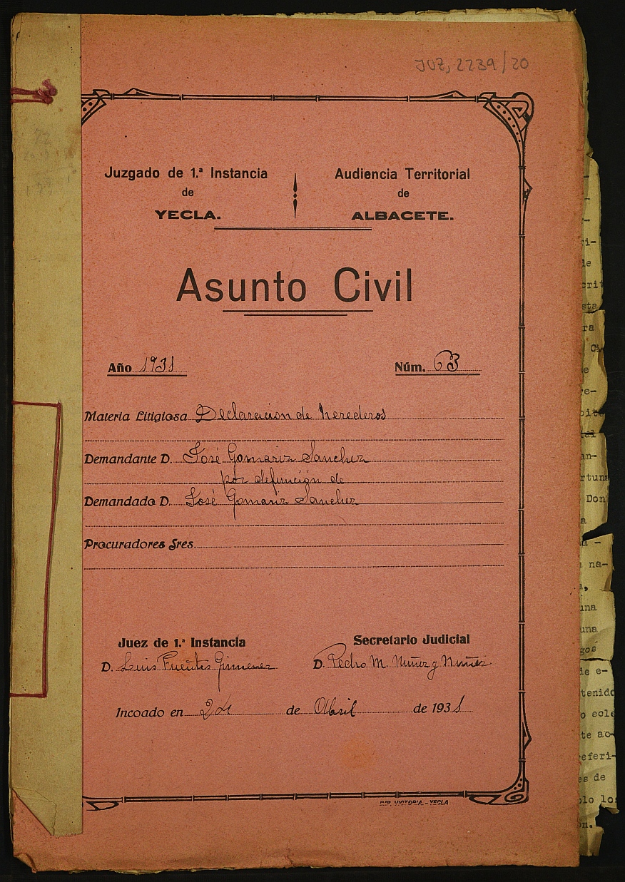 Declaración de herederos 63/1931 del Juzgado de Primera Instancia e Instrucción Nº 1 de Yecla, por defunción de José Gomáriz Sánchez.