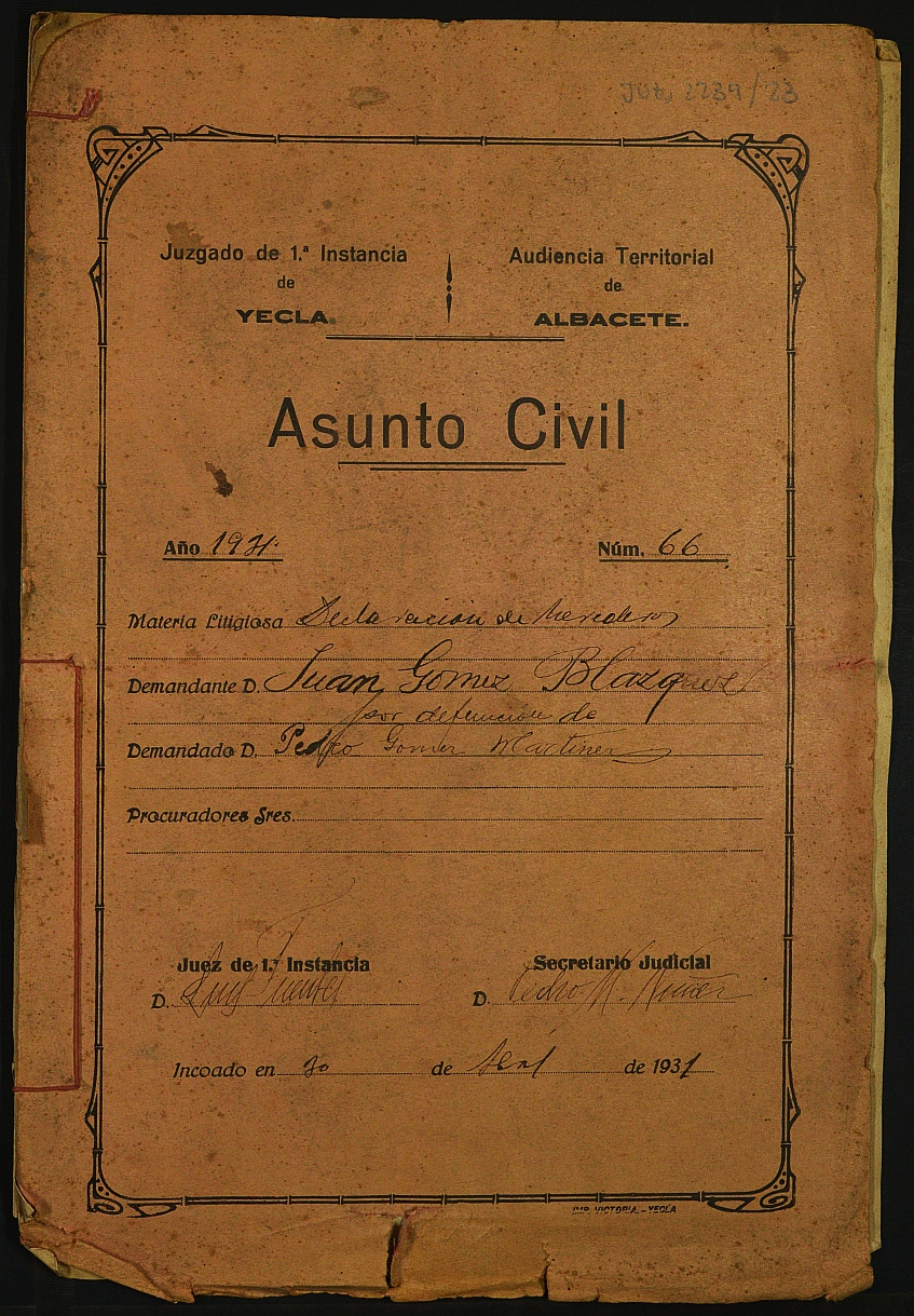 Declaración de herederos 66/1931 del Juzgado de Primera Instancia e Instrucción Nº 1 de Yecla, por defunción de Pedro Gómez Martínez.