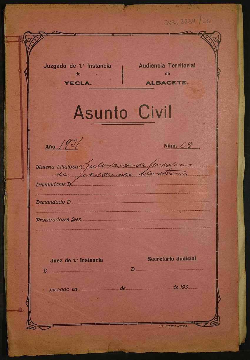 Declaración de herederos 69/1931 del Juzgado de Primera Instancia e Instrucción Nº 1 de Yecla, por defunción de Fernando Martínez Martínez.