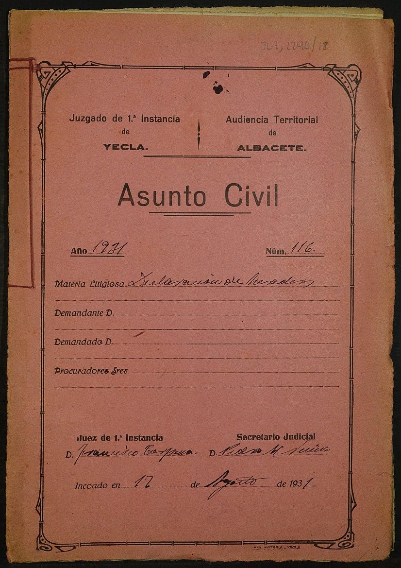 Declaración de herederos 116/1931 del Juzgado de Primera Instancia e Instrucción Nº 1 de Yecla, por defunción de Ramona García Iniesta.