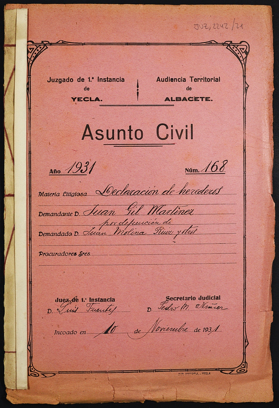 Declaración de herederos 168/1931 del Juzgado de Primera Instancia e Instrucción Nº 1 de Yecla, por defunción de Juan Molina Ruiz y Francisco y Josefa Molina Gil.