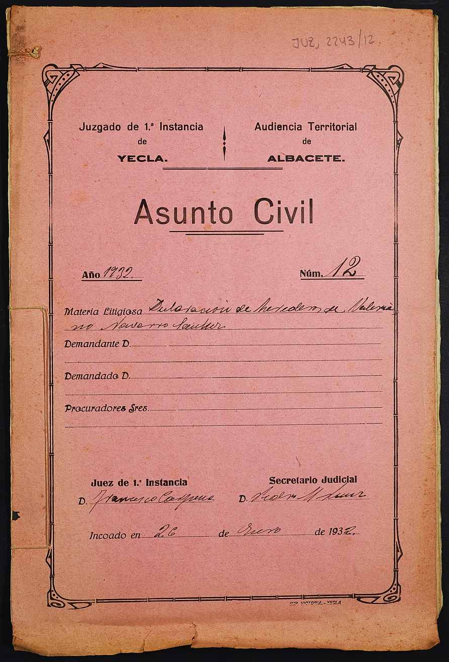 Declaración de herederos 12/1932 del Juzgado de Primera Instancia e Instrucción Nº 1 de Yecla, por defunción de Valeriano Navarro Sánchez.
