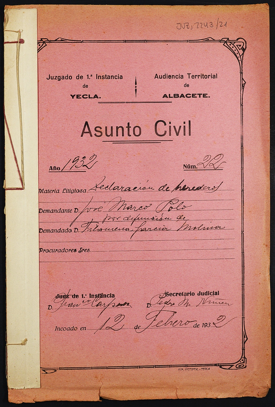 Declaración de herederos 22/1932 del Juzgado de Primera Instancia e Instrucción Nº 1 de Yecla, por defunción de Filomena García Molina.