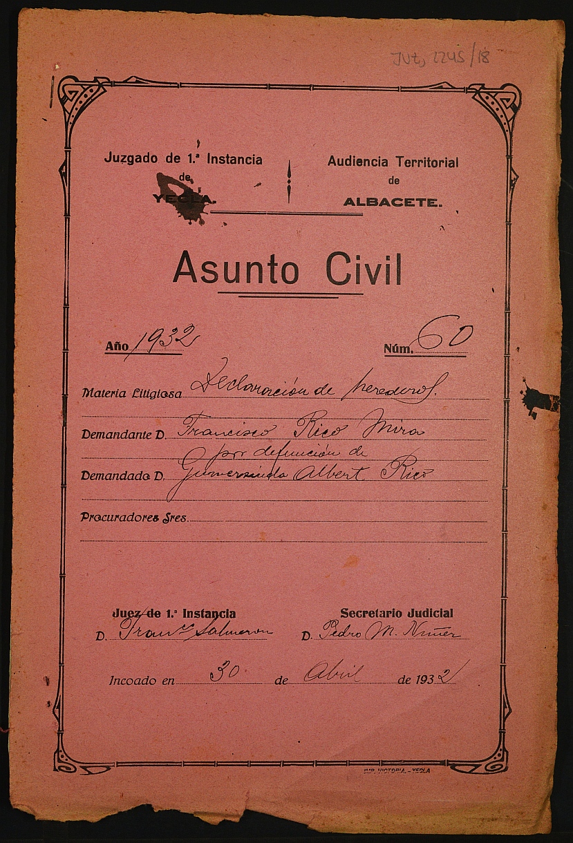 Declaración de herederos 60/1932 del Juzgado de Primera Instancia e Instrucción Nº 1 de Yecla, por defunción de Gumersinda Albert Rico.