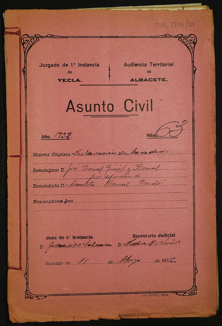 Declaración de herederos 63/1932 del Juzgado de Primera Instancia e Instrucción Nº 1 de Yecla, por defunción de Carlota Bernal Pardo.