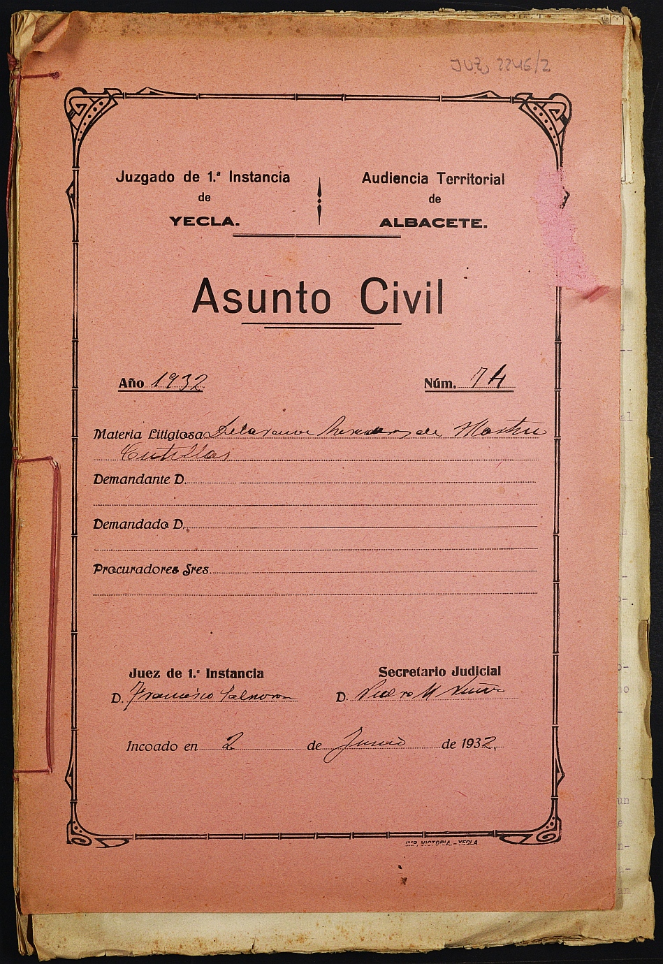 Declaración de herederos 74/1932 del Juzgado de Primera Instancia e Instrucción Nº 1 de Yecla, por defunción de Martín Cutillas García.
