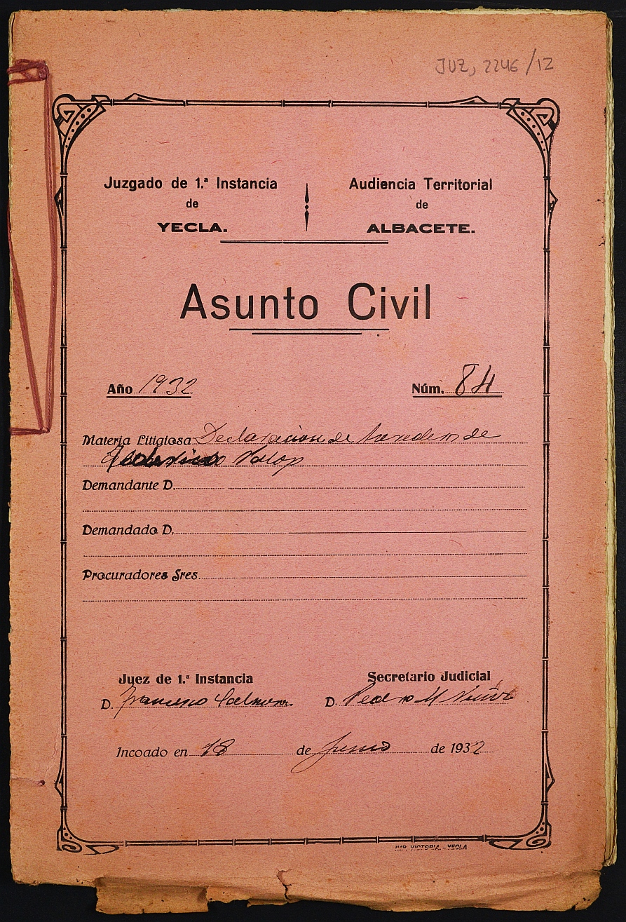 Declaración de herederos 84/1932 del Juzgado de Primera Instancia e Instrucción Nº 1 de Yecla, por defunción de Federico Palop Vea.