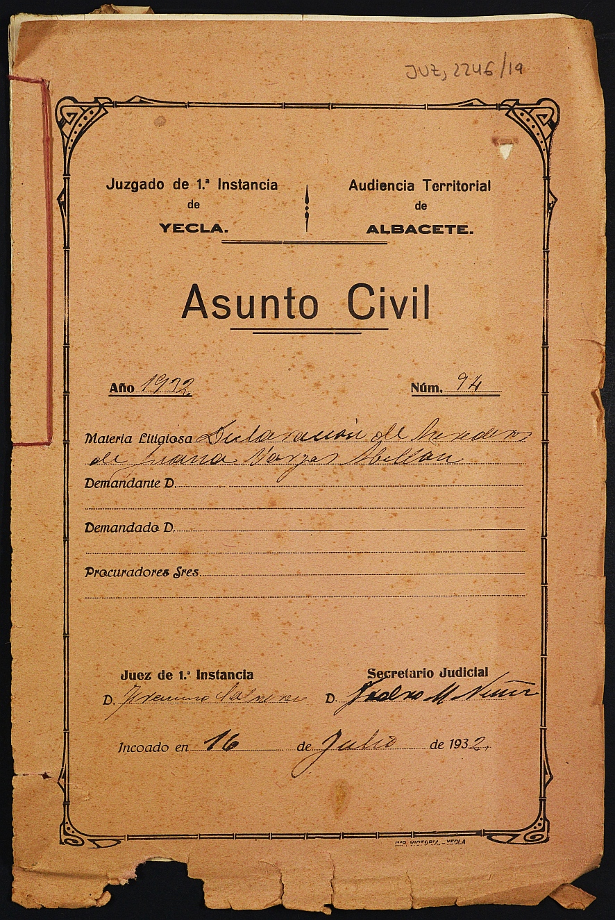 Declaración de herederos 94/1932 del Juzgado de Primera Instancia e Instrucción Nº 1 de Yecla, por defunción de Juana Vargas Abellán.