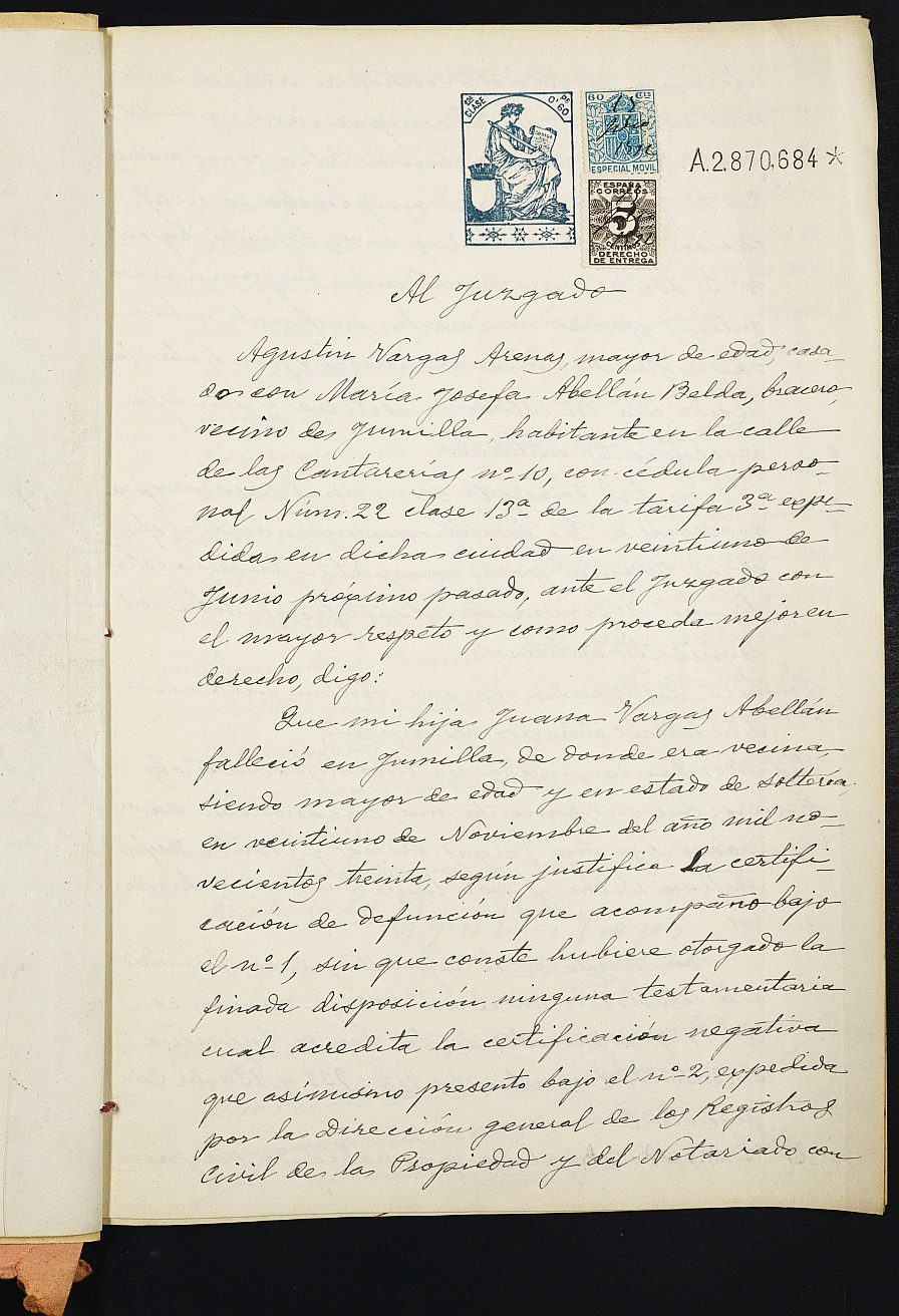 Declaración de herederos 94/1932 del Juzgado de Primera Instancia e Instrucción Nº 1 de Yecla, por defunción de Juana Vargas Abellán.